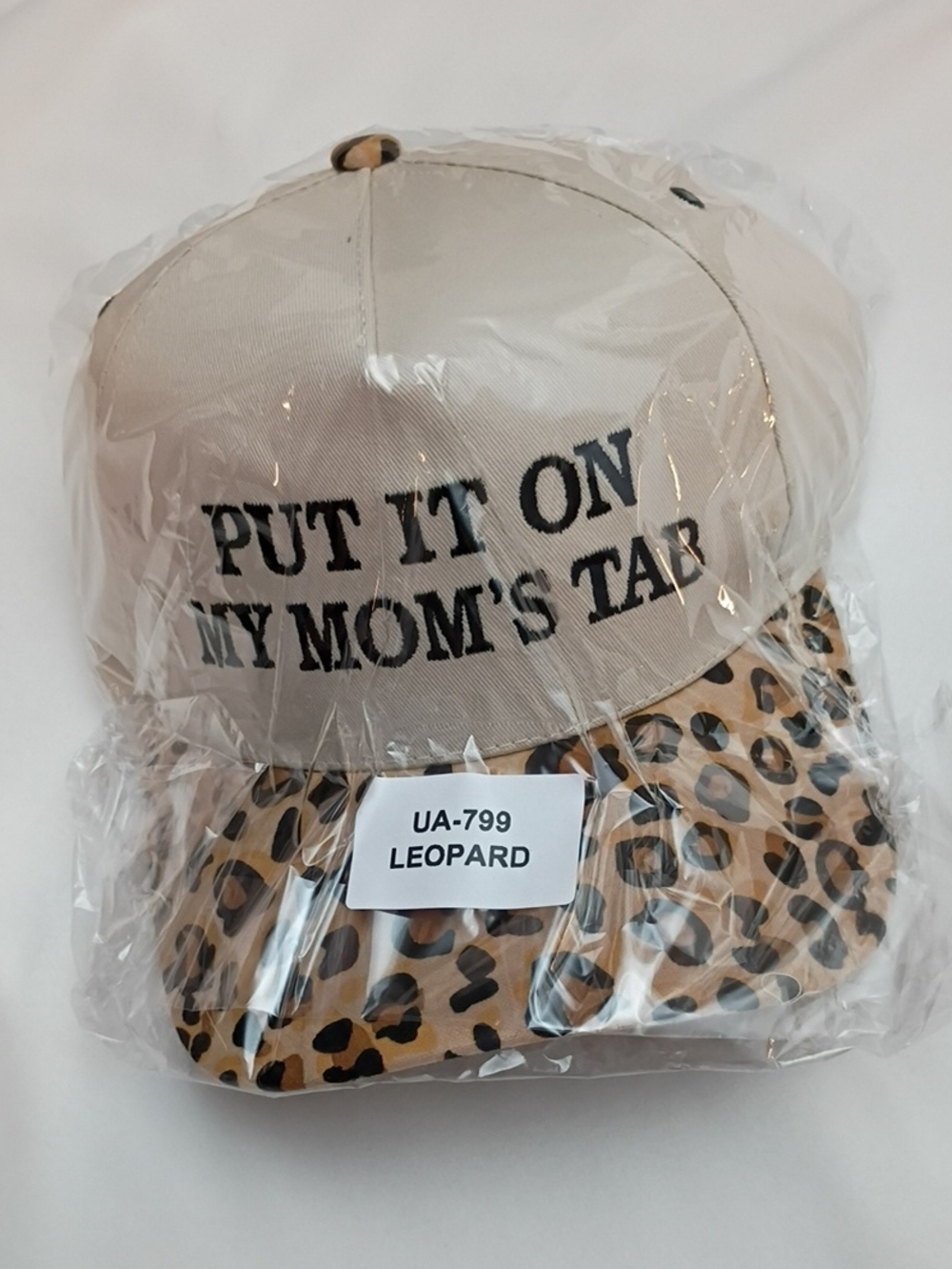Women's Beige Leopard Print Cap - 'Put It On My Mom's Tab'